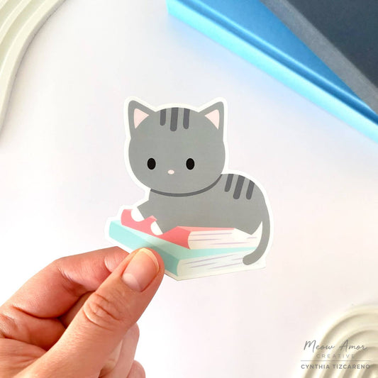 Tabby Cat on Books Vinyl Sticker