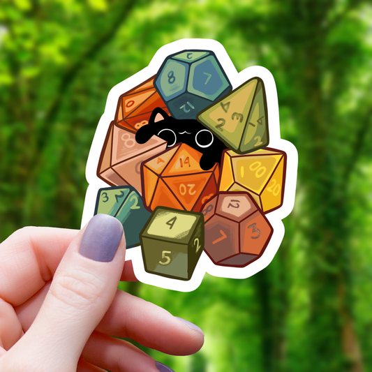 Cat Amongst Polyhedral Dice Sticker - 3"