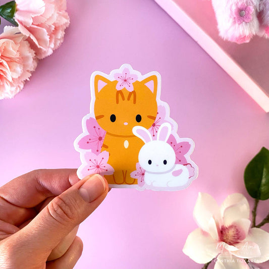 Orange Tabby and Bunny Cherry Blossom Vinyl Sticker